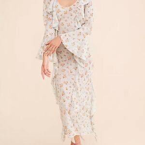 Spell & The Gypsy Fleur Frill Bias Maxi Dress Floral Bell Sleeve Size S NWOT